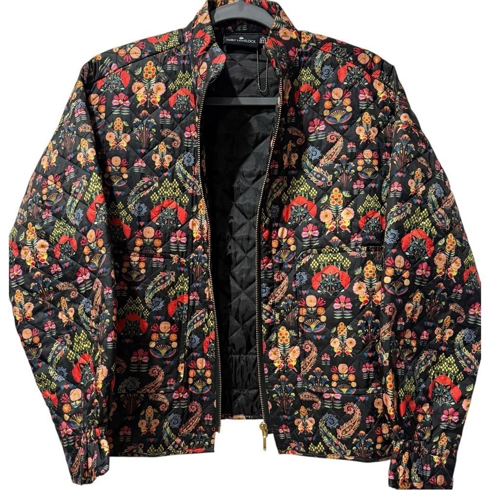 NEW EMILY LOVELOCK Chelsea Quilted Bomber Jacket Black Vibrant 70s Print XS $230